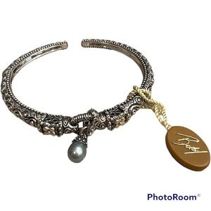 🤩Barbara Bixby cuff bracelet sterling silver 18K gold gray pearl charm NEW!